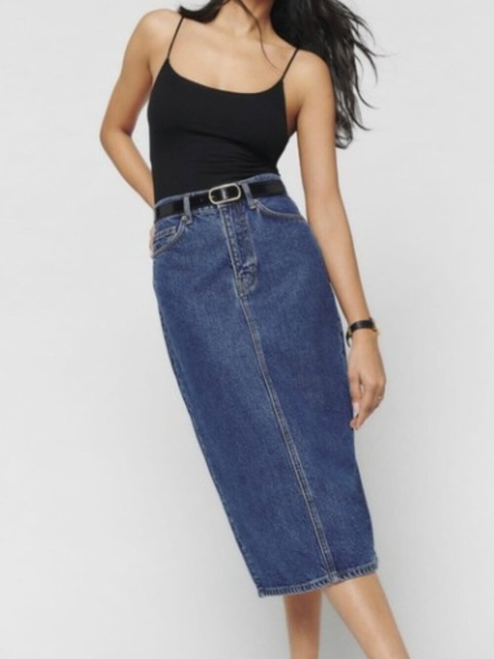 REFORMATION Blue Jayde Denim Cotton Lycra Midi Skirt. Size 28
